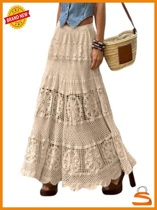 Dresses & Skirts - Women's Lace Crochet Knit Maxi Boho Skirt A-Line Eyelet Flowy Long Skirt